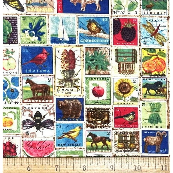 1/2 Yard - Vintage Postage Stamps US States Cotton Fabric (Great for Quilting, Sewing, Craft Projects, Throw Pillows & More) 1/2 Yard X 44" Wide