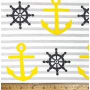 1/2 Yard - Yellow Anchors & Black Ship Wheels Nautical Stripe Cotton Fabric Great for Quilting, Sewing, Craft Projects, Throw Pillows & More 1/2 Yard X 44" Wide