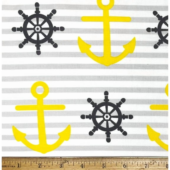 1/2 Yard - Yellow Anchors & Black Ship Wheels Nautical Stripe Cotton Fabric (Great for Quilting, Sewing, Craft Projects, Throw Pillows & More) 1/2 Yard X 44" Wide