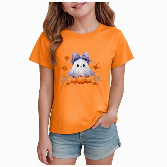 1-2 Years Kids Short Sleeved Halloween Pumpkin Print T Shirt Girls Casual Top Toddler Girl Halloween Outfit Girls Halloween Dress Girls T Shirts