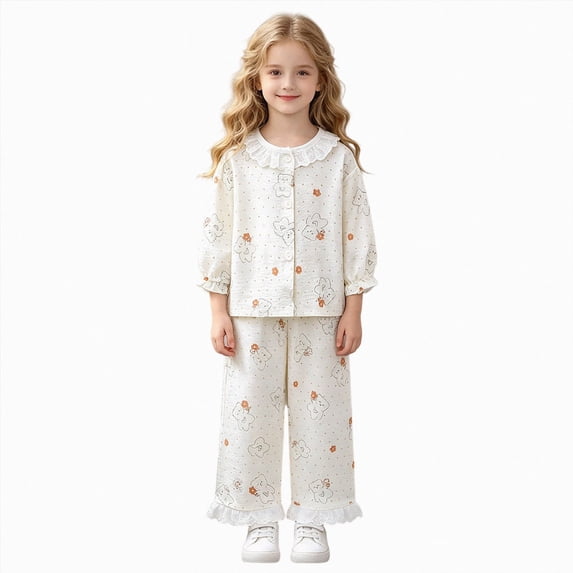 1-2 Years Toddler Toddler Baby Girl Outfit Print Long Sleeve Ruffle Sweatshirt Pants Set 2Pcs Infant Spring Clothes Girls Home Sleepwear Set