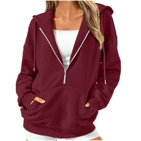 1/2 Zip Pullover Hoodies Womens Trendy Waffle Knitted Sweatshirt with Pocket Loose Casual Drawstring Hooded Top (S, Wine)