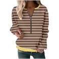 thumbnail image 1 of 1/2 Zip Pullover Sweatshirts for Women Ribbed Long Sleeve Tops for Women Casual Striped V Neck Pullover Tunic Tops Coffee M, 1 of 3