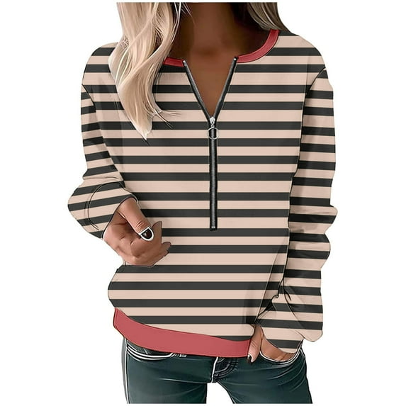 1/2 Zip Pullover Sweatshirts for Women Ribbed Long Sleeve Tops for Women Casual Striped V Neck Pullover Tunic Tops Khaki S
