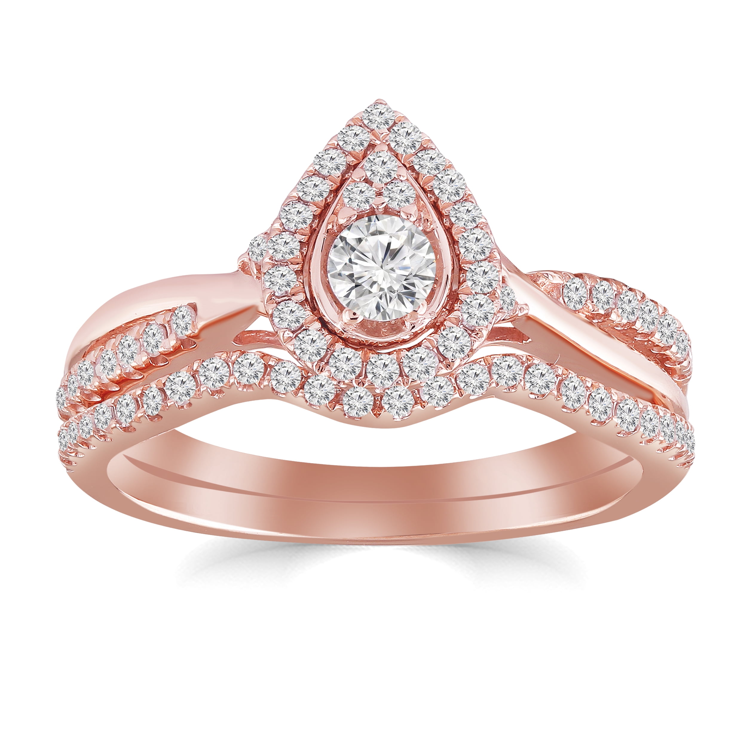 1/2 cttw Pear Shape Halo Diamond Bridal Ring Set with Twist Shank and  Contour Band (I-J, I2-I3) in 10K Rose Gold for Engagement and Wedding