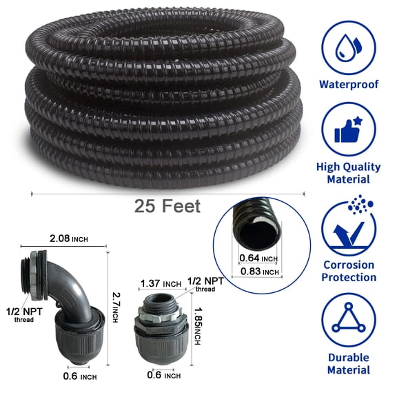 1/2 inch-25ft-Kit Black Special Extra Flexible Electrical Conduit Liquid Tight PVC Kit