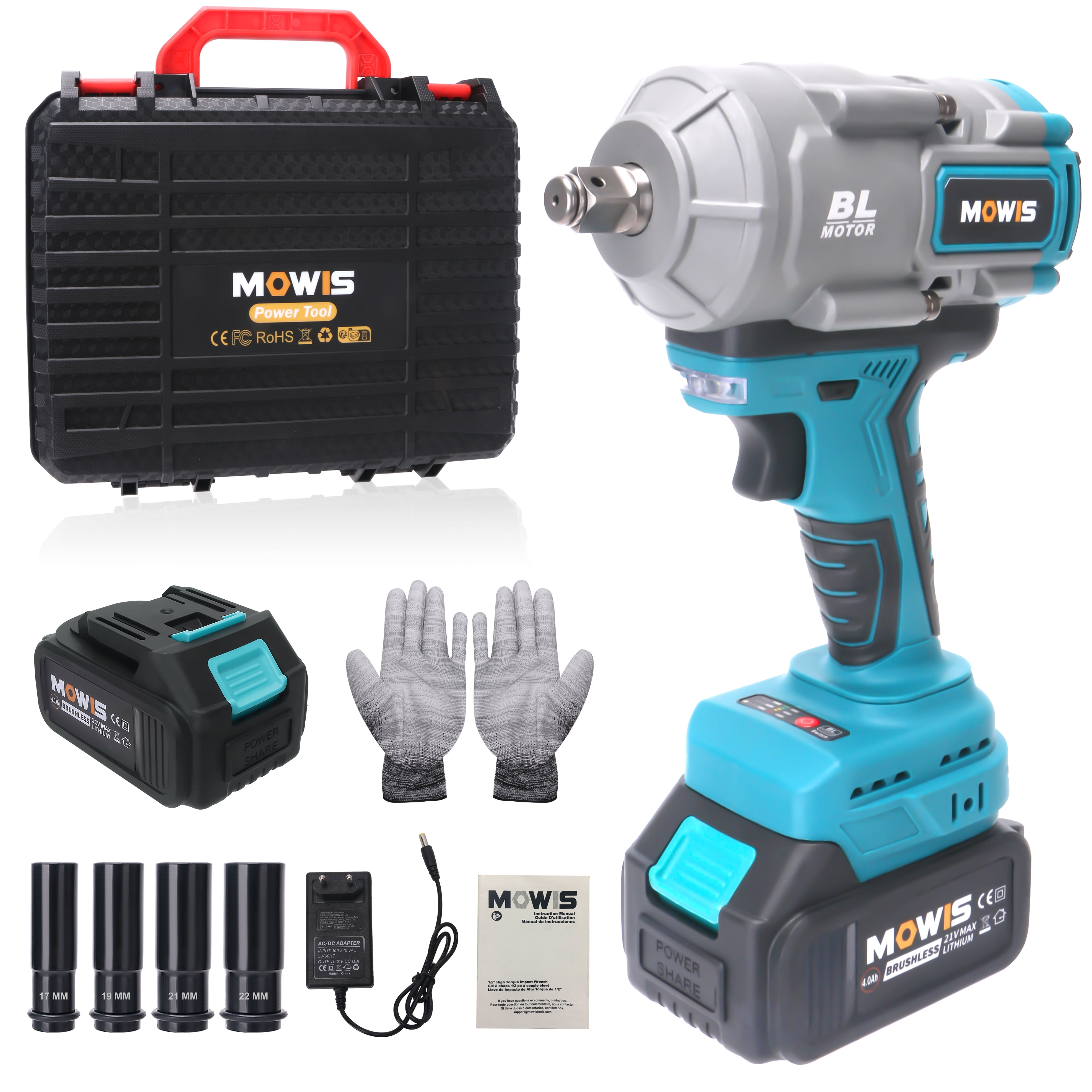 1/2 inch Brushless Power Impact Wrenches Kit High Torque 1000N.m (738ft-lbs) 21V Cordless Impact Gun with Battery Heavy Duty Use for Car Truck Tire