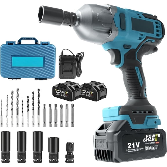 1/2 inch Cordless Wrench - 1200N.m High Torque Heavy Duty with 2x 4.0Ah , 21V Driver/Drill for Tough Auto Repair and Construction Tasks