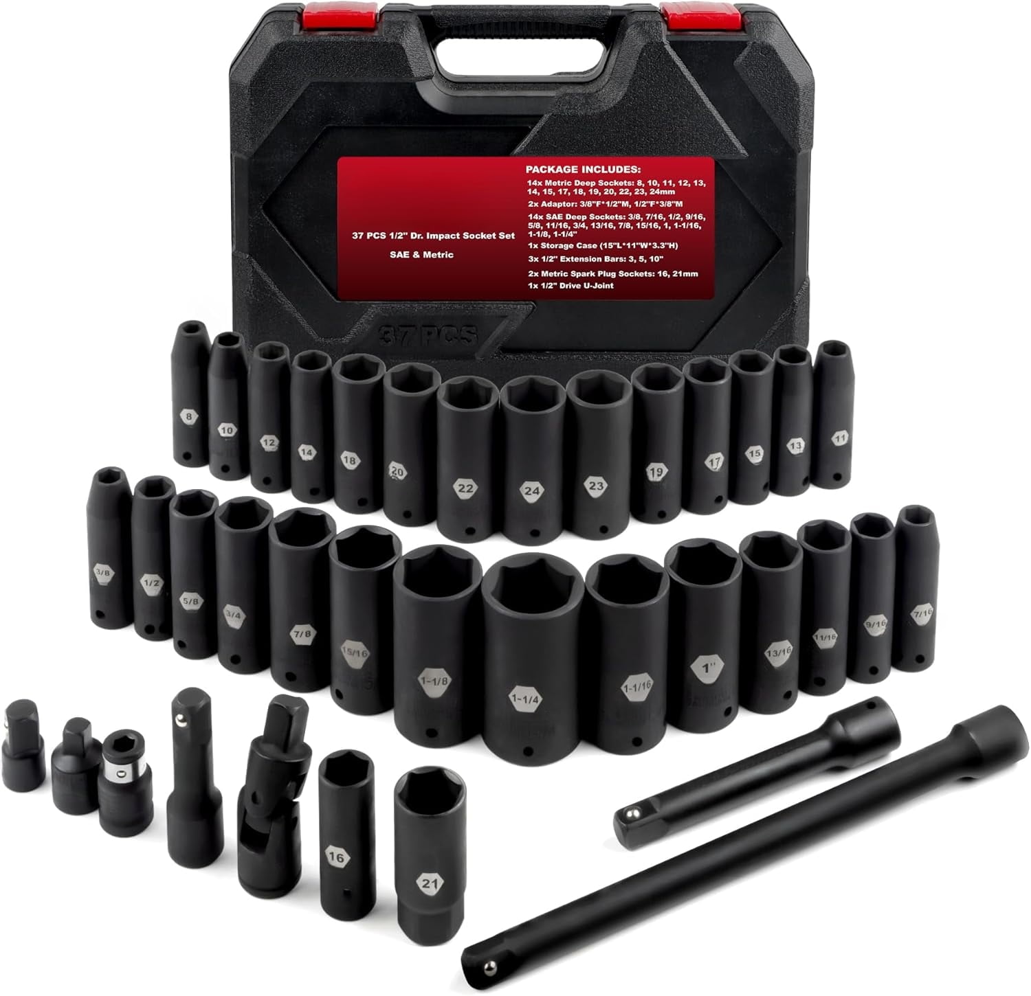 1/2 inch Drive Deep Impact Socket Set, 37 Piece Standard SAE 3/8" to 1-1/4" | Metric 8 to 24mm, Includes Spark Plug Socket (16, 21mm), CR-MO Universal Joint, Extension Bars and Adapter