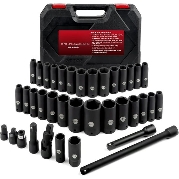 1/2 inch Drive Deep Impact Socket Set, 37 Piece Standard SAE 3/8" to 1-1/4" | Metric 8 to 24mm, Includes Spark Plug Socket (16, 21mm), CR-MO Universal Joint, Extension Bars and Adapter