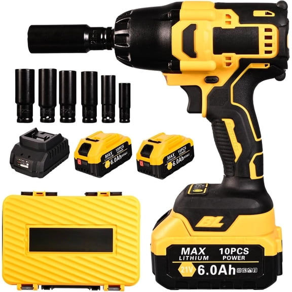 1/2 inch Impact Wrench Cordless, (1000 N.m) 737 Ft-lbs Hight Torque Wrench,20V Power Impact Driver, Brushless  3300 RPM, 2x 6.0AH Li- ,,6 Sockets