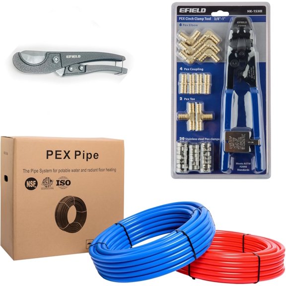 1/2-inch PEX Pipe Plumbing Installation Kit: 1/2-Inch X 200 ft Pex-b Tubing (100 ft Red + 100ft Blue), 12 Pcs Pex Brass Fittings, Cinch Clamp Fastening Tool and 20 Pcs 1/2" Clamps,(AB21530I)
