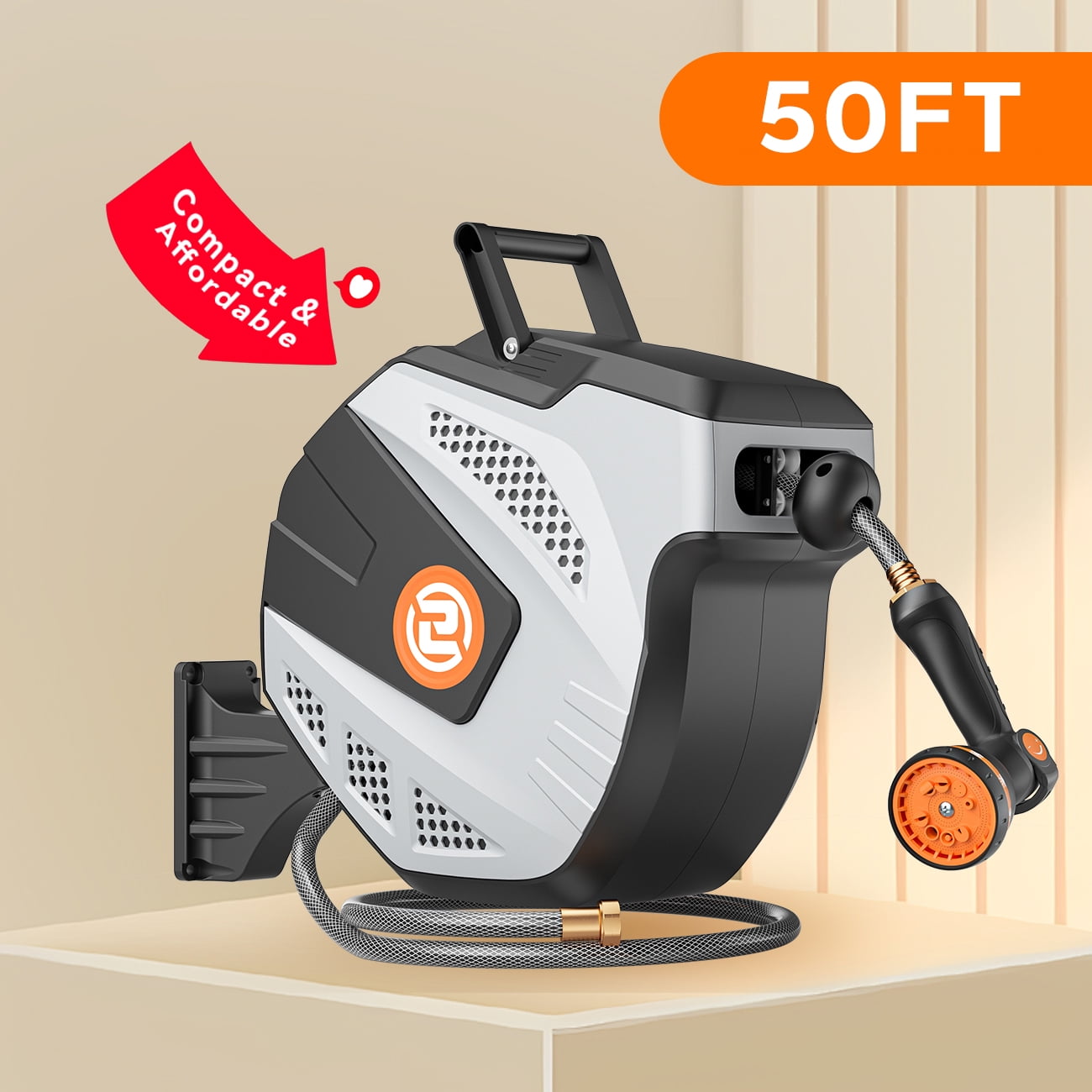 1/2 inch x 50ft -SUNPOW Retractable Garden Hose Reel Wall Mounted Hose Reel with 3/4 inch Brass Fitting & 10 Function Sprayer Nozzle - Any Length Lock, Auto Rewind System, 180°Swivel Bracket - Grey
