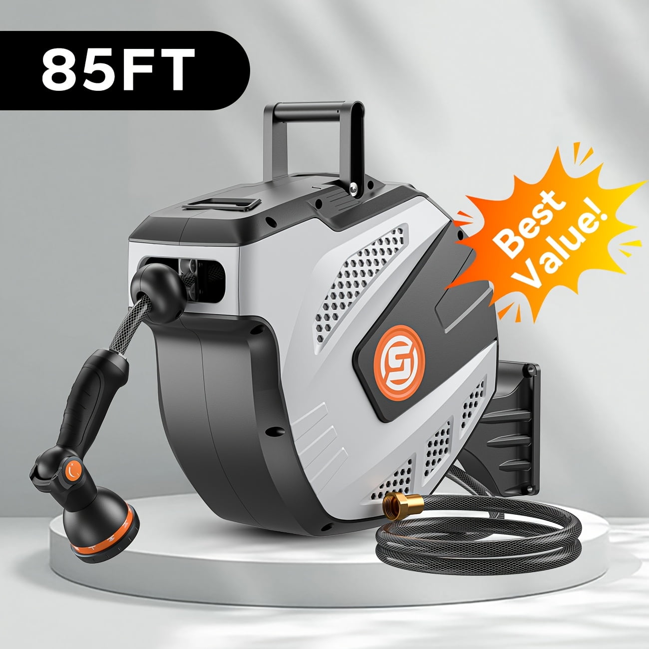 1/2 inch x 85ft -SUNPOW Retractable Garden Hose Reel Wall Mounted Hose Reel with 3/4 inch Brass Fitting & 10 Function Sprayer Nozzle - Any Length Lock, Auto Rewind System, 180°Swivel Bracket - Grey