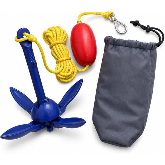 1/2 lb Aluminum Folding Grapnel Anchor Kit with 15 ft Marine-Grade Rope, Float, Snap Hook & Padded Bag for Inflatable Boats, Canoes, & Float Tubes