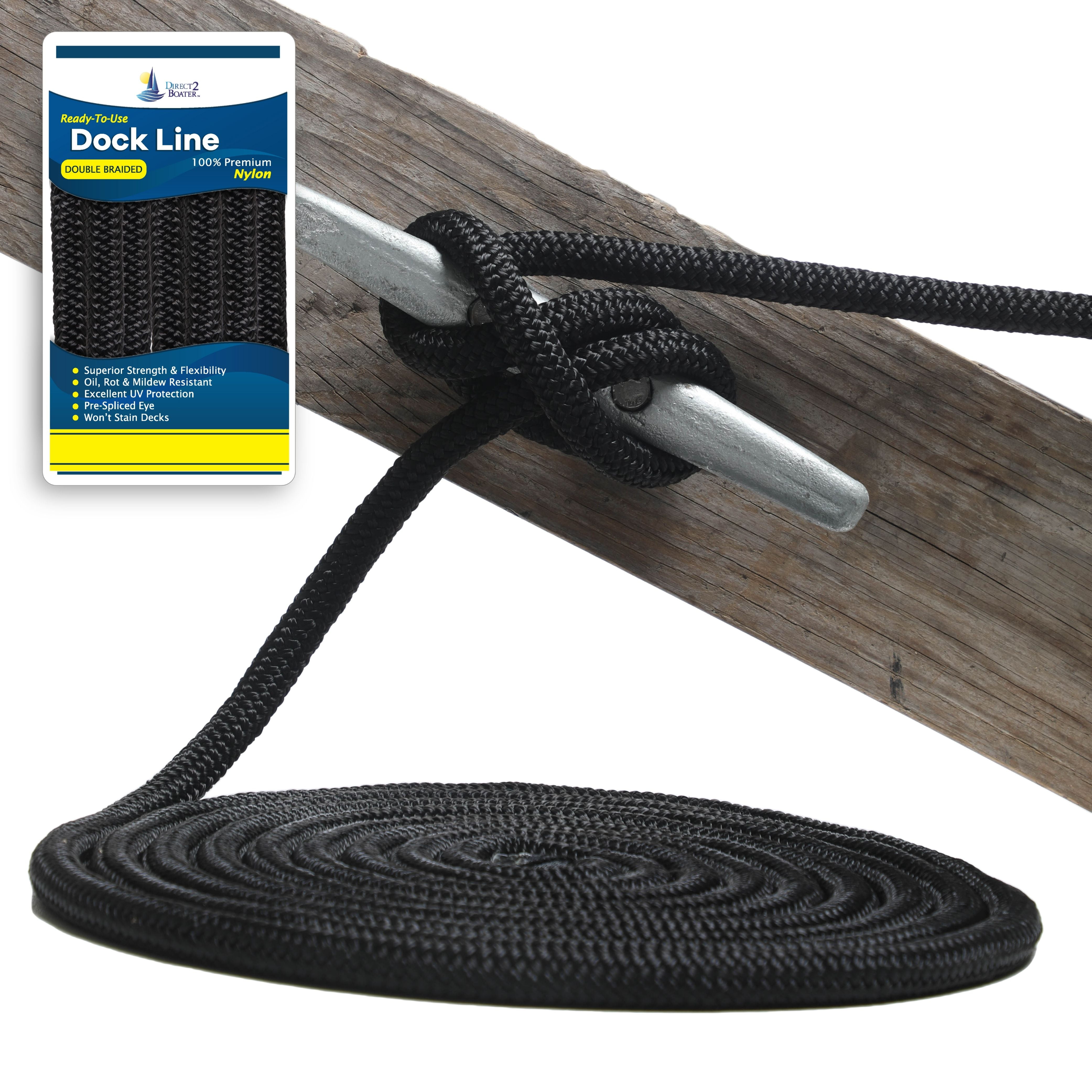 1/2 x 10' - Black (2 Pack) Durable Double Braided Nylon Dock Line - For  Boats up to 35' - Long Lasting Mooring Rope - Strong Nylon Dock Ropes for  Boats 