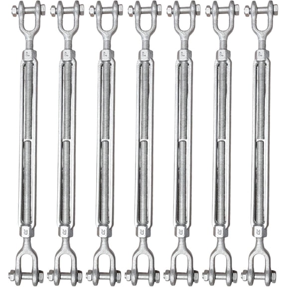 1/2" x 12" Drop Forged/Hot Dipped Galvanized Steel Jaw/Jaw Turnbuckles for Wire Rope Cable - 7-Pack