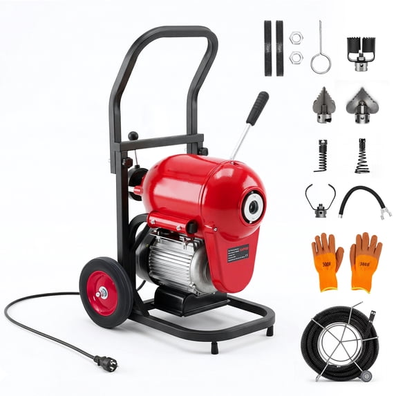1.2" x 120 FT Electric Drain Cleaner Machine – 1100W, 1700 RPM Pipe Auger & Sewer Snake – Commercial & Residential Main Line Clog Remover – 6 Cutters & Gloves – Red