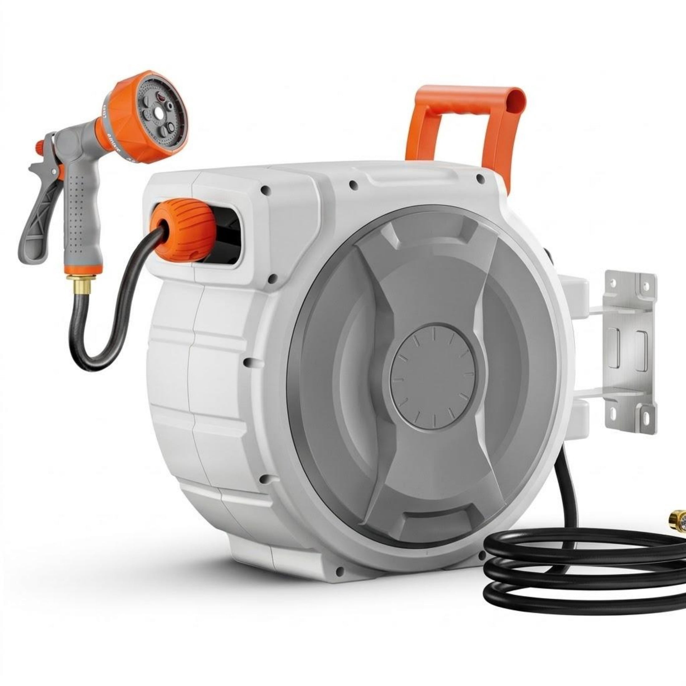 1/2" x 145 ft Retractable Garden Hose Reel, Wall Mounted Heavy Duty Hose Reel with 9-Pattern Nozzle & 180° Swivel