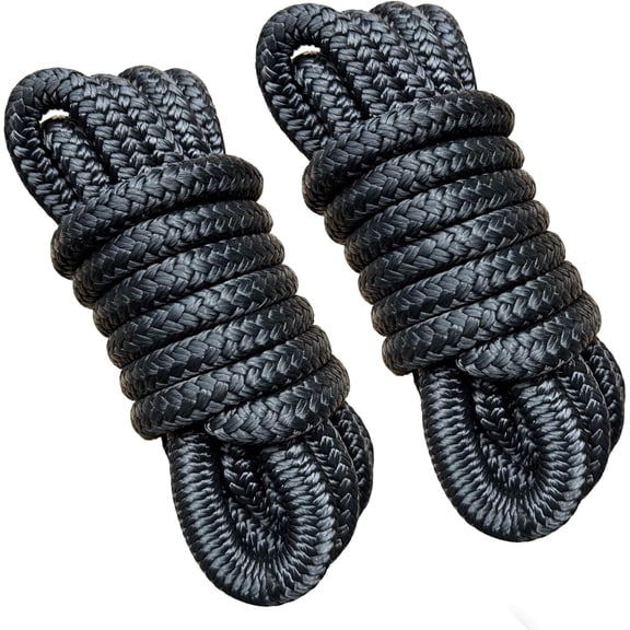 1/2" x 15' Boat Dock Lines with 12" Loop, Double Braided Marine Grade Nylon Mooring Rope, High Strength Boat Rope for Docking and Mooring, Black