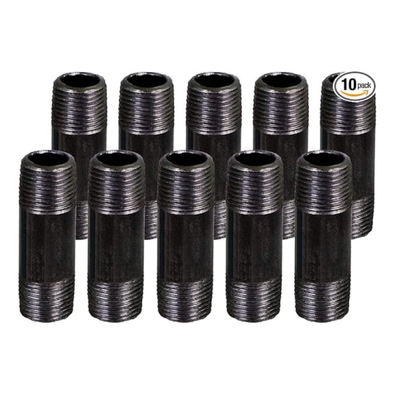1/2 x 3.5 Inch Black Steel Pipe (10-Pack), Heavy Duty Industrial Malleable Iron Pipes, Pre Cut Threaded Nipple Great For All DIY Furniture And Black Pipe Shelving