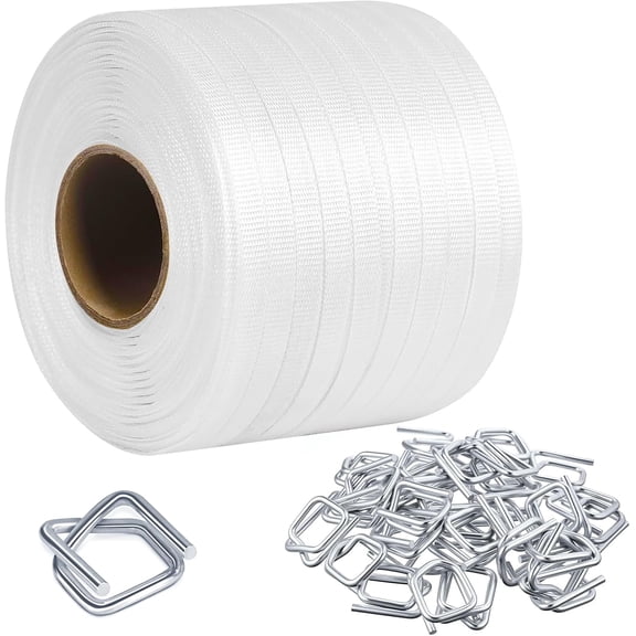 1/2" x 500' Woven Cord Strapping Kit with 200Pcs Metal Wire Buckles Havy Duty Woven Banding Packaging Strapping Rolls Banding and Pallet Strapping Kit Strap Buckles