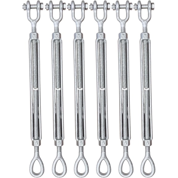 1/2" x 6" Drop Forged/Hot Dipped Galvanized Steel Eye/Jaw Turnbuckles for Wire Rope Cable - 6-Pack