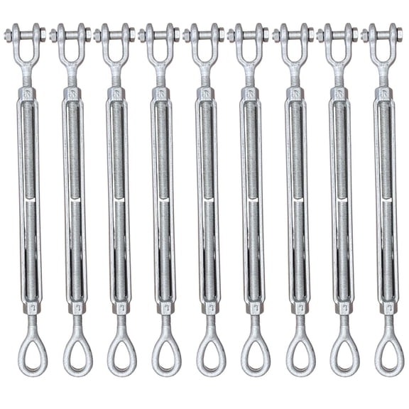 1/2" x 9" Drop Forged/Hot Dipped Galvanized Steel Eye/Jaw Turnbuckles for Wire Rope Cable - 9-Pack