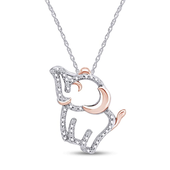 1/20 CTTW Round Cut Natural Diamond Accent Two Tone Elephant Pendant Necklace In 14K White Gold Over Sterling Silver