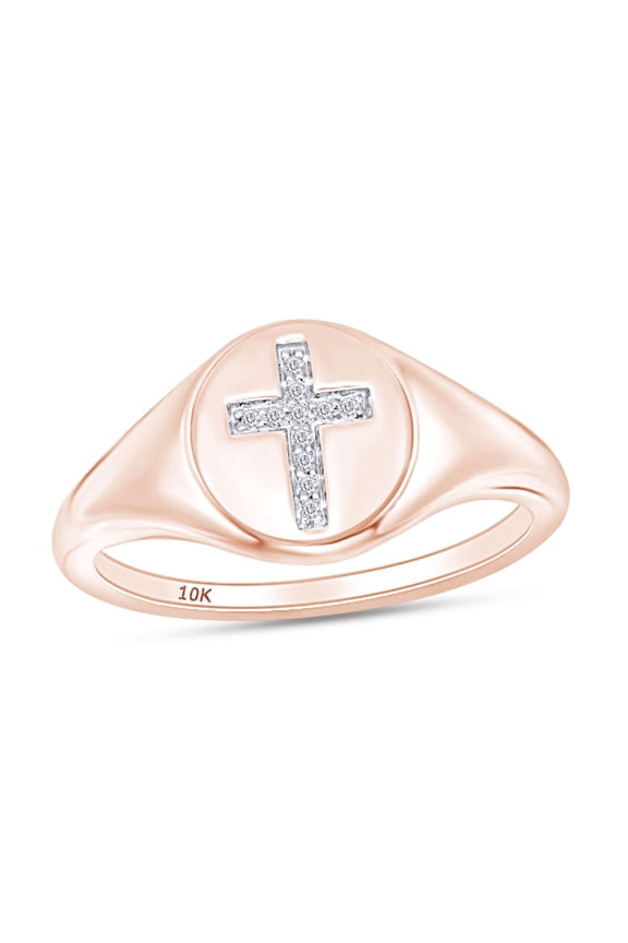 1/20 Carat CT Round Cut White Natural Diamond Cross Signet Engagement Ring In 10k Rose Gold For Womens Ring Size-9.5