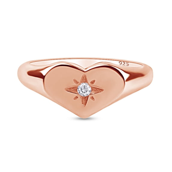 1/20 Carat CT Round Cut White Natural Diamond Dainty Signet Heart Shaped Engagement Ring In 14k Rose Gold Over Sterling Silver For Womens Ring Size-8.5
