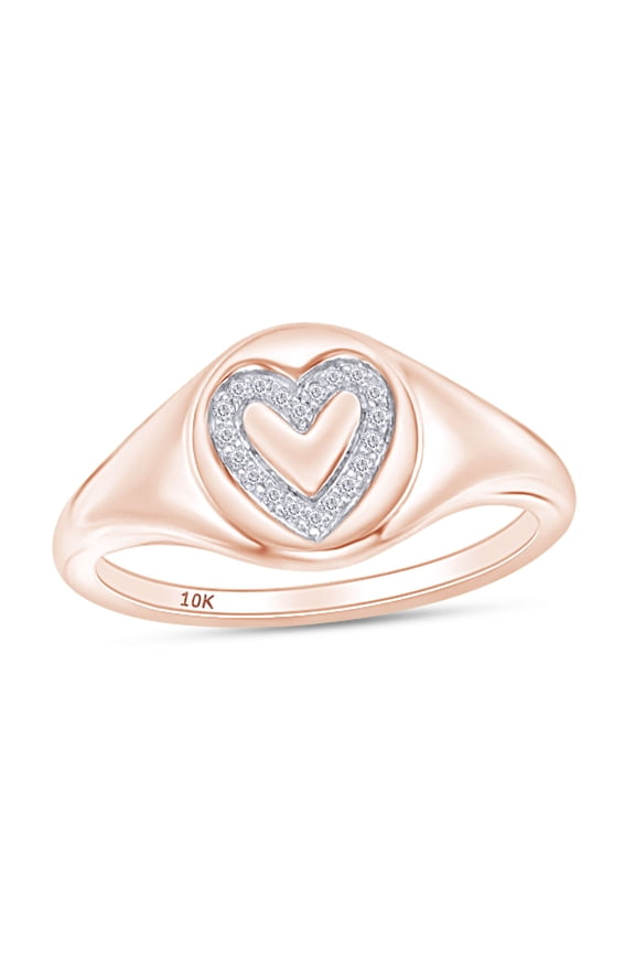 1/20 Carat CT Round Cut White Natural Diamond Heart Outline Signet Engagement Ring In 10k Rose Gold For Womens Ring Size-5.5