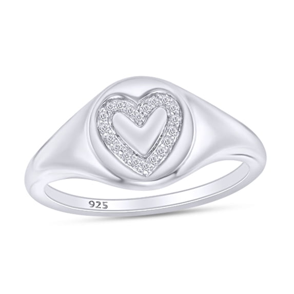 1/20 Carat CT Round Cut White Natural Diamond Heart Outline Signet Engagement Ring In 14k White Gold Over Sterling Silver For Womens Ring Size-9.5