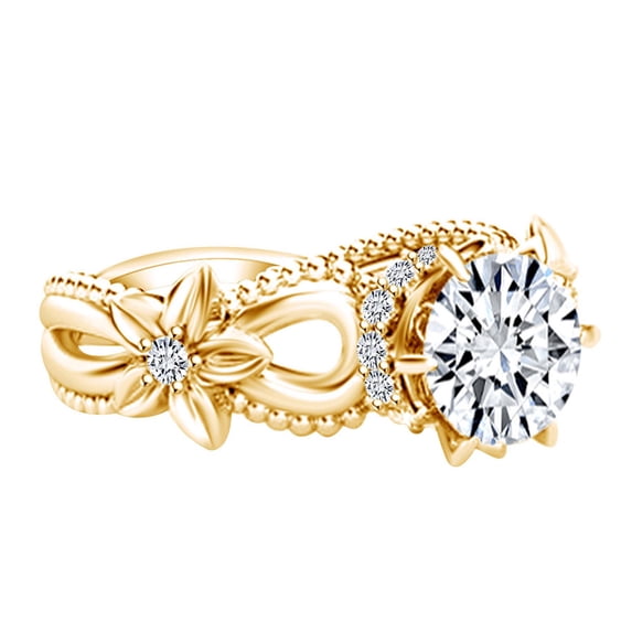 AFFY 1.20 Carat(Cttw) Round Moissanite & Natural Diamond Star Flower Engagement Ring 14K Solid Yellow Gold Ring Size-7