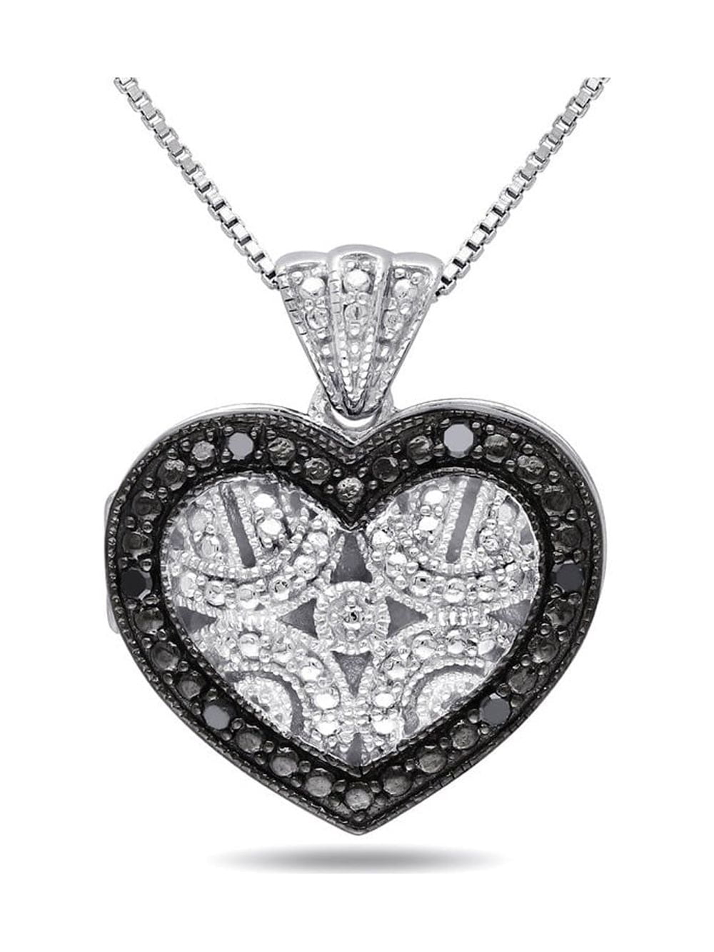 GEM AND HARMONY 1/20 Carat (Ctw) Black Diamond Heart Locket Pendant Necklace in Sterling Silver with Chain