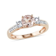 GEM AND HARMONY 1.20 Carat (Ctw) Morganite & Lab-Created White Sapphire Three Stone Ring with Diamonds in 10K Rose Pink Gold