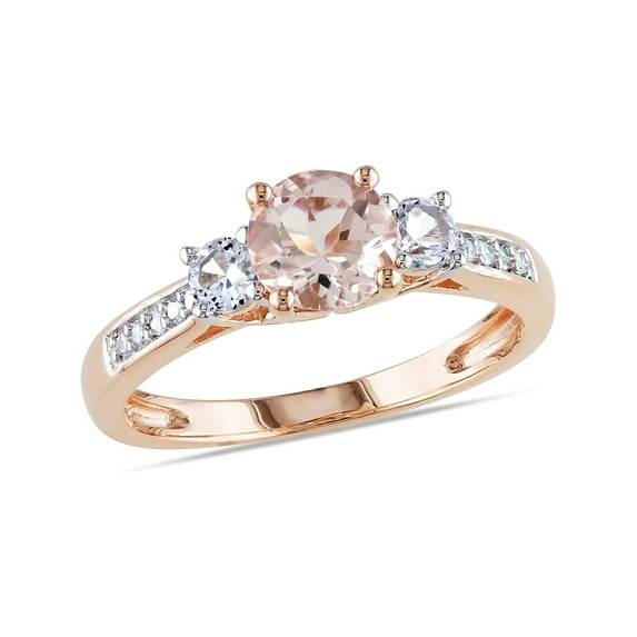 1.20 Carat (Ctw) Morganite & Lab-Created White Sapphire Three Stone Ring with Diamonds in 10K Rose Pink Gold