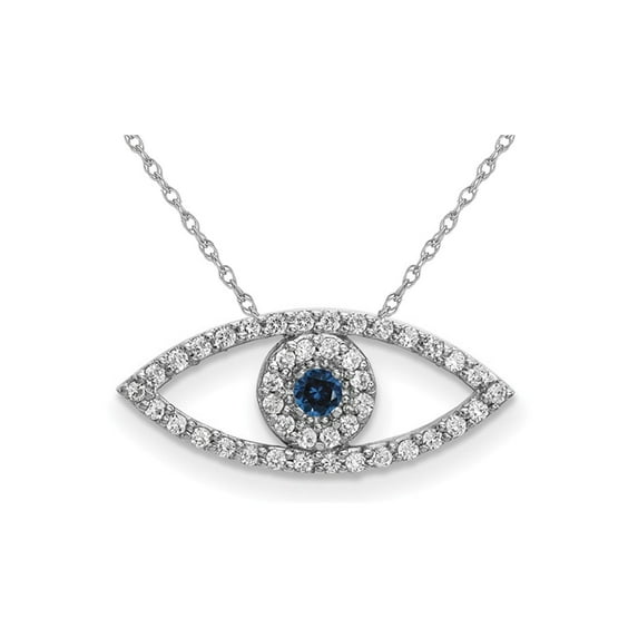 1/20 Carat (Ctw) Natural Blue Sapphire Evil Eye Pendant Necklace in 14K White Gold with Diamonds and Chain for Women