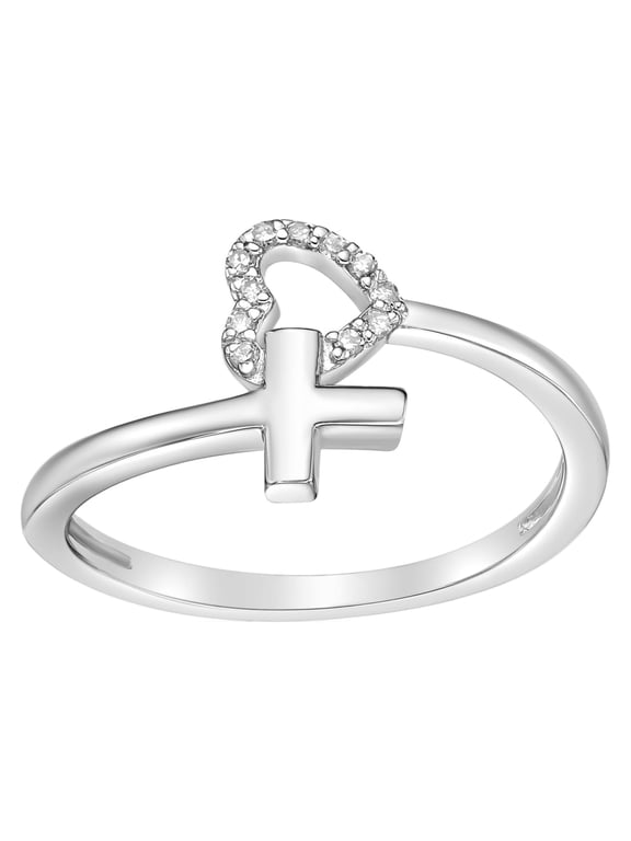 1/20 Carat Natural Diamond Heart and Side Cross Purity Ring for Women in 925 Sterling Silver (H-I, I2-I3, 0.05 cttw) Engagement Wedding Promise Band Ring Size 5 by Lavari Jewelers
