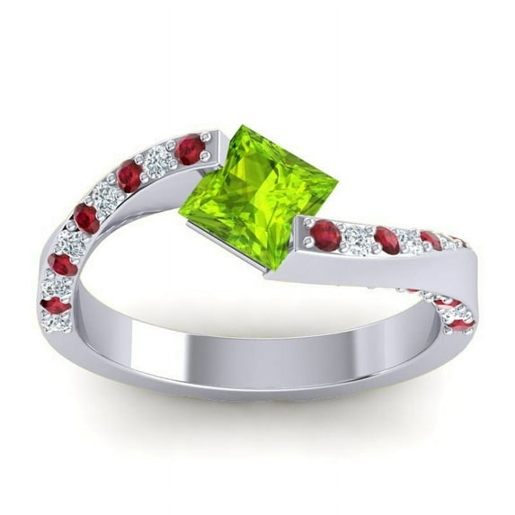 1.20 Carat Natural Diamond Peridot & Red Ruby Gemstone Fancy Ring for Birthday Gift 14K White Gold Size 9.5 by Diamond-Capitals