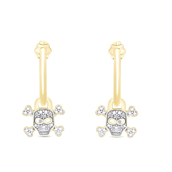 AFFY 1/20 Carat Round Cut Natural Diamond Accent Flower Skull Hoop Earring Charms In 14K Yellow Gold Over Sterling Silver (0.05 Cttw, I2-I3 Clarity)