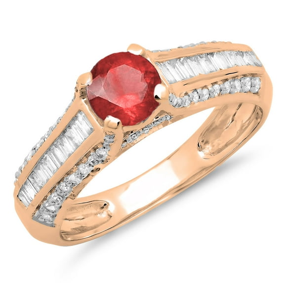 1.20 Carat (ctw) 10K Rose Gold Round & Baguette Cut Red Ruby & White Diamond Ladies Vintage Style Solitaire With Accents