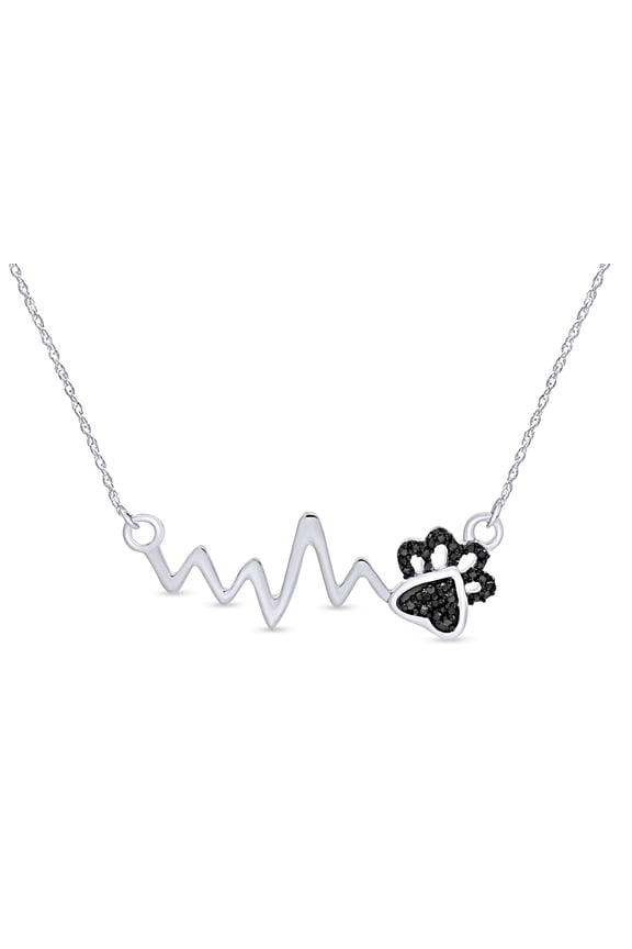 AFFY 1/20 Ct Black Diamond Paw Print Heartbeat Womens Pendant Necklace 14k White Gold Over 925