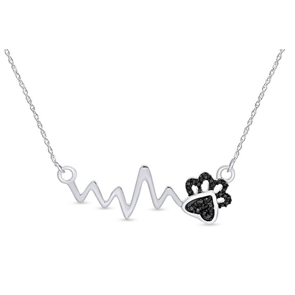 AFFY 1/20 Ct Black Diamond Paw Print Heartbeat Womens Pendant Necklace 14k White Gold Over 925