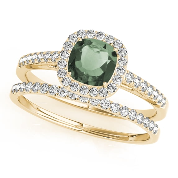 1.20 Ct Cushion Shape Green Amethyst Engagement Rings - Bridal Set - 10K Gold