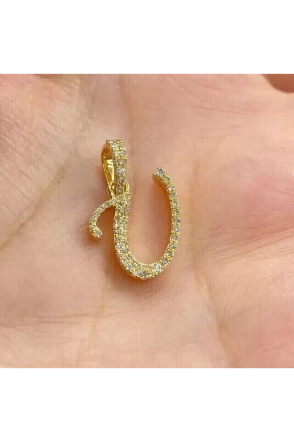 1.20 Ct Round Cut Simulated Cursive "U" Letter Pendant 14K Yellow Gold Plated