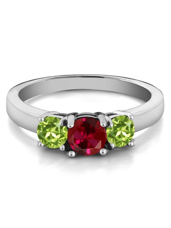 1.20 Ct Round Red Created Ruby Green Peridot 925 Sterling Silver 3-Stone Ring