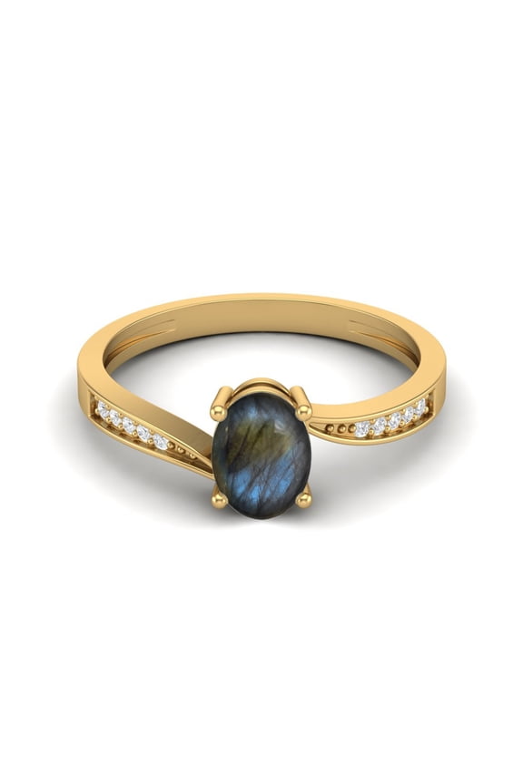 1.20 Cts Oval Labradorite 925 Sterling Silver Gold Vermeil Solitaire Accent Woman Halo Valentines Day Gifts Ring