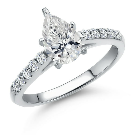 Gem Stone King 1.20 Cttw IGI Certified Lab Grown Diamond in 10K White Gold Engagement Ring for Women | Center Diamond: 1.00 Ct Pear Shape | E-F Color | VS1-VS2 Clarity (Size 7)