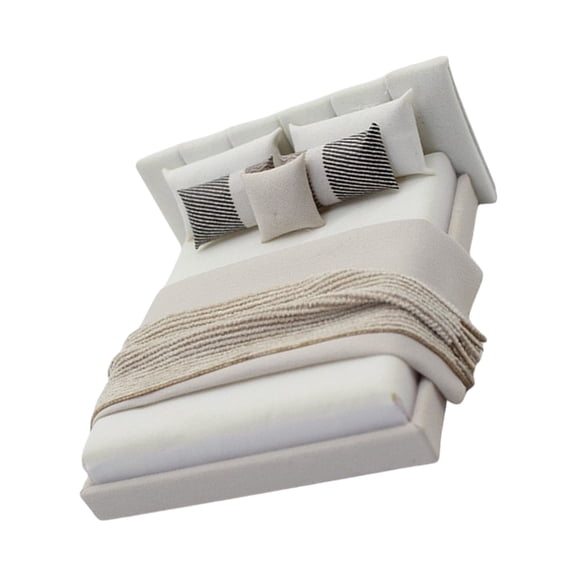 1/20 Dollhouses Bedroom Miniature Double Bed and Beddings Realistic Modern Interior Design Room Scene Display Accessory